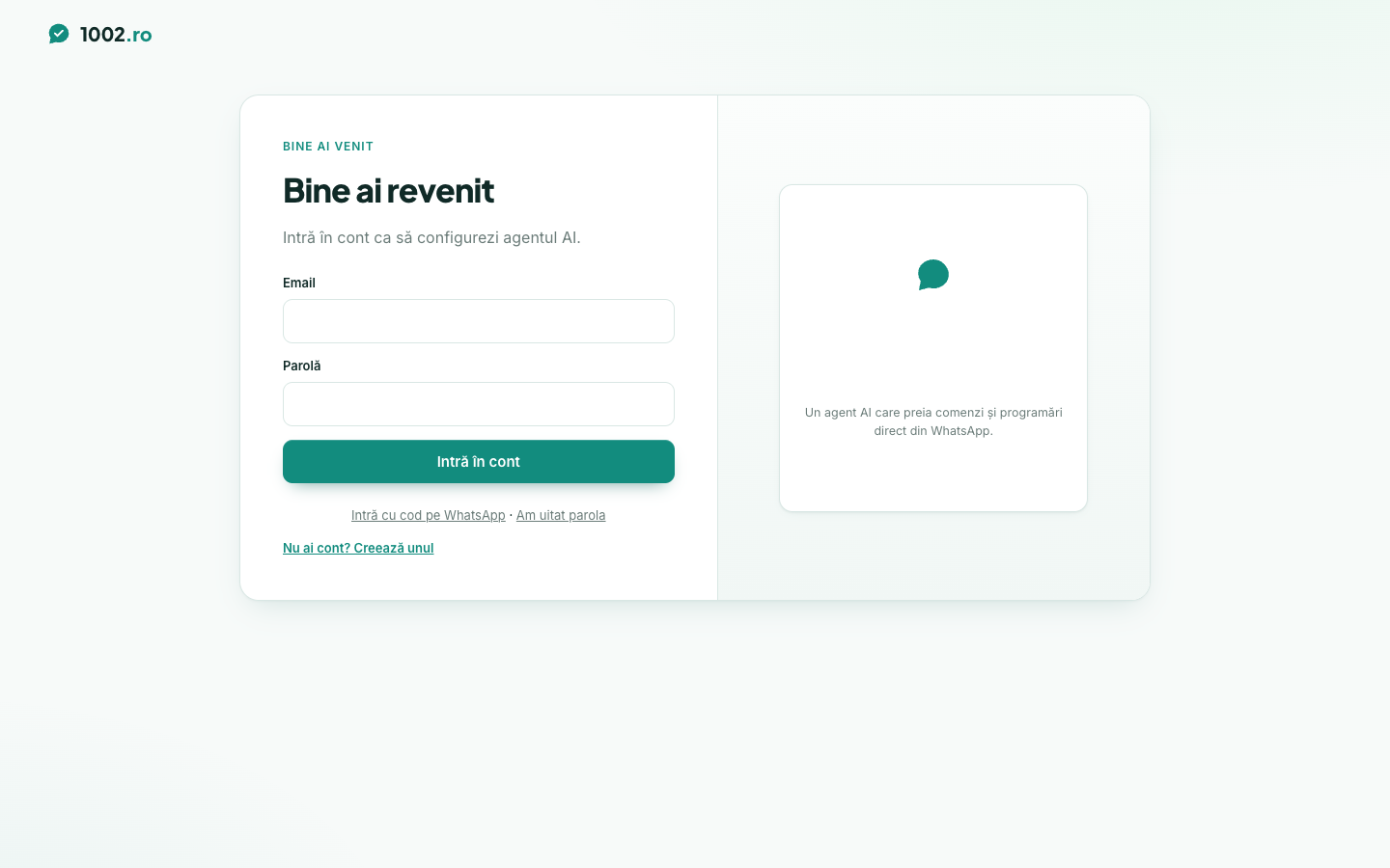 Autentificare în cont, cu opțiunea de a intra direct cu un cod trimis pe WhatsApp, fără parolă.