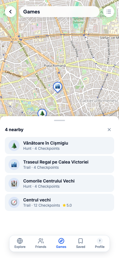 Secțiunea Games, în varianta mobilă, cu lista jocurilor din apropiere.
