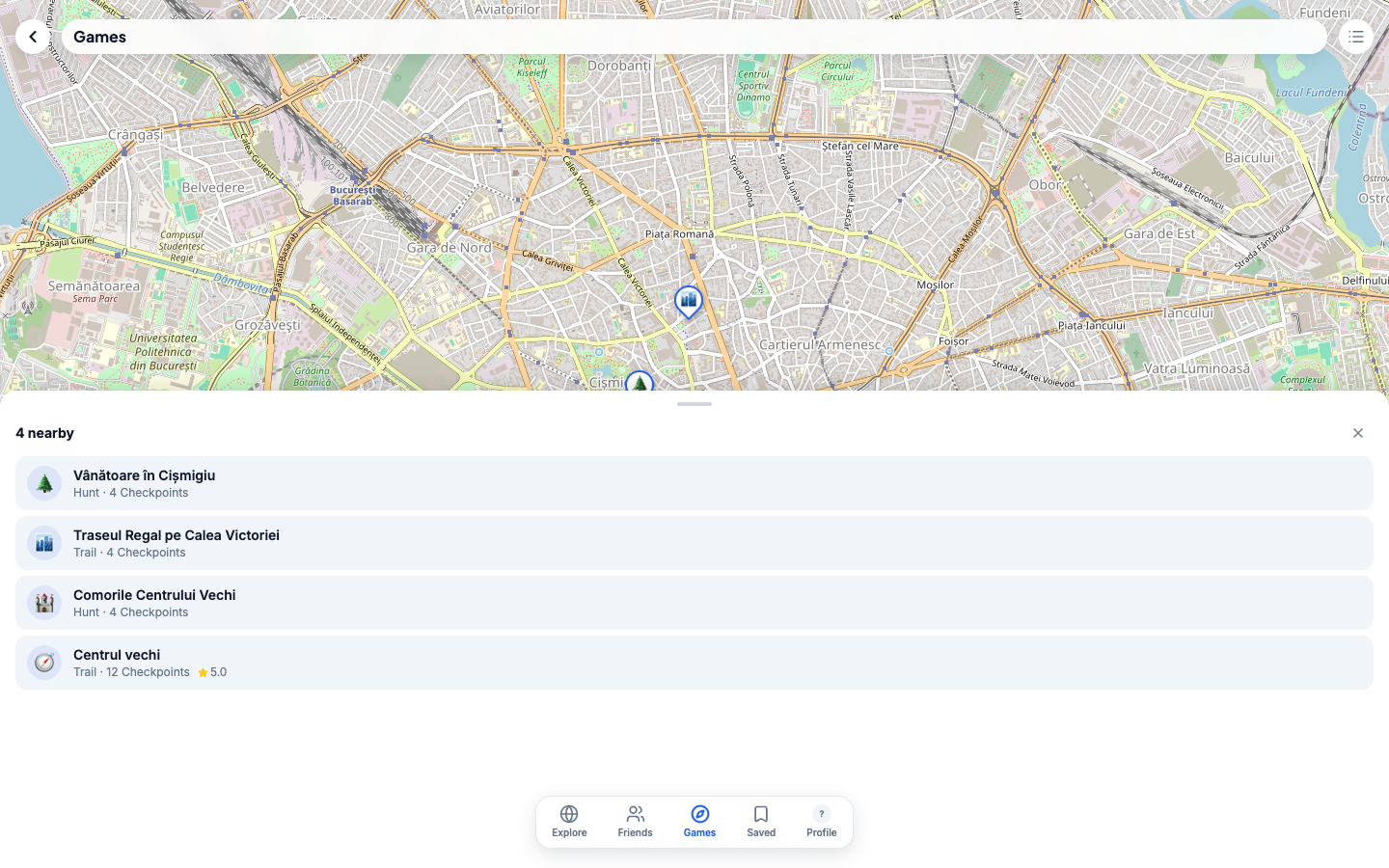Secțiunea Games — vânători („Hunt”) și trasee („Trail”) cu checkpoint-uri, afișate pe hartă în apropierea utilizatorului.