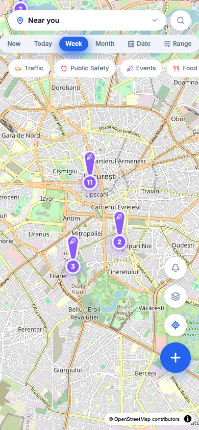 Harta Pinyap, în varianta mobilă, cu aceleași filtre de categorie și interval de timp.